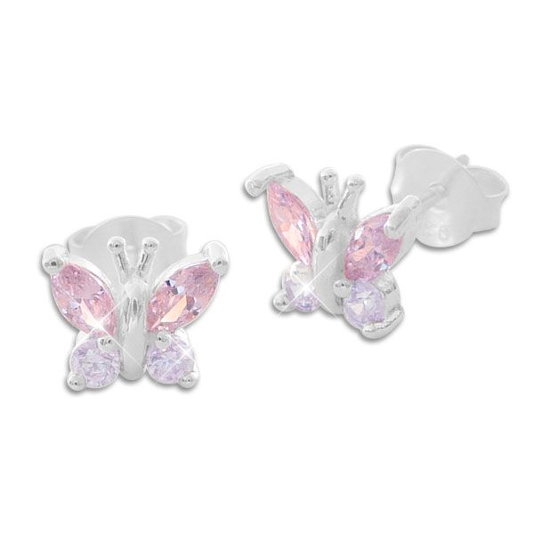 Ohrstecker Schmetterling mit lila und rosa Strass Steinen 925 Silber