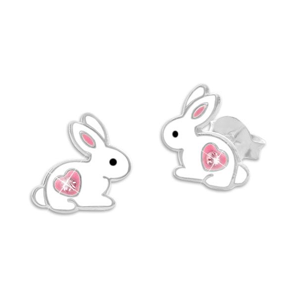 Stein mit 925 Kaninchen Hasen Herz rosa und Strass Ohrstecker Silber