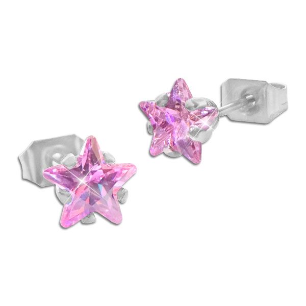 Edelstahl Ohrstecker rosa Strass Sterne 6 mm Ohrringe Zirkonia