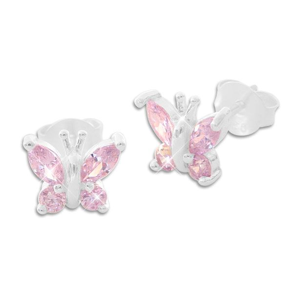 Kinder Ohrstecker Schmetterling mit rosa Strass Zirkonia 925 Silber